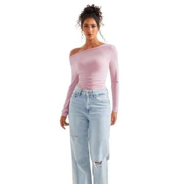 SUUKSESS Women Long Sleeve Off Shoulder Tops Trendy Cowl Neck Blouses for Fall (Pink, S)