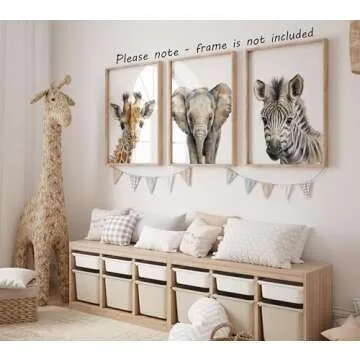 Safari Animals Set of 3 Unframed Poster Prints, Baby Girl Boy Children Nursery Bedroom Playroom Wall Art Decor, Giraffe Elephant Zebra, Watercolor Style (8x10)