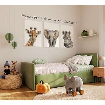 Safari Animals Set of 3 Unframed Poster Prints, Baby Girl Boy Children Nursery Bedroom Playroom Wall Art Decor, Giraffe Elephant Zebra, Watercolor Style (8x10)