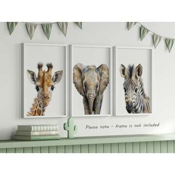 Safari Animals Set of 3 Unframed Poster Prints, Baby Girl Boy Children Nursery Bedroom Playroom Wall Art Decor, Giraffe Elephant Zebra, Watercolor Style (8x10)