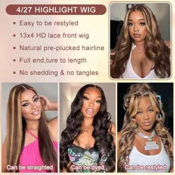 Highlight Lace Front Wig Human Hair Ombre Body Wave Human Hair Wig 13x4 HD Lace Closure Wigs Pre Plucked with Baby Hair 4/27 Balayage Human Hair Wigs 220% Density for Women 28 Inch