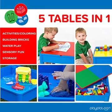 Play Platoon 5 in 1 Kids Activity Table and Chair Set for Toddlers, Building Block, Craft & Sensory Tables for Toddlers with 2 Chairs & 25 XL Blocks - Yellow Red Green