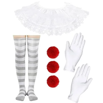 Jecery 6 Pcs Women's Creepy Clown Halloween Costume Accessories Gloves, Collar, Pompoms, Thigh Stock...