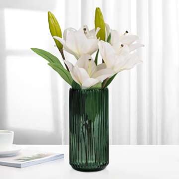 TIMEFOTO Flower Vase 9.7 inch Green Thickened Hand Blow Glass Vase Round Vintage Striped Bottles for Bookshelf,Dinner Table,Indoor Office Desktop,Meeting Room,Bathroom,Countertop,Home