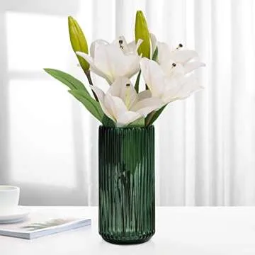 TIMEFOTO Flower Vase 9.7 inch Green Thickened Hand Blow Glass Vase Round Vintage Striped Bottles for Bookshelf,Dinner Table,Indoor Office Desktop,Meeting Room,Bathroom,Countertop,Home