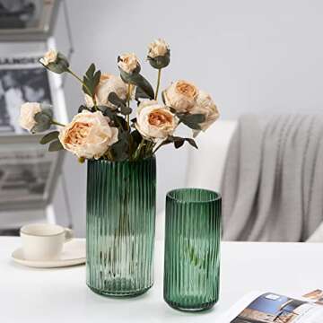 TIMEFOTO Flower Vase 9.7 inch Green Thickened Hand Blow Glass Vase Round Vintage Striped Bottles for Bookshelf,Dinner Table,Indoor Office Desktop,Meeting Room,Bathroom,Countertop,Home