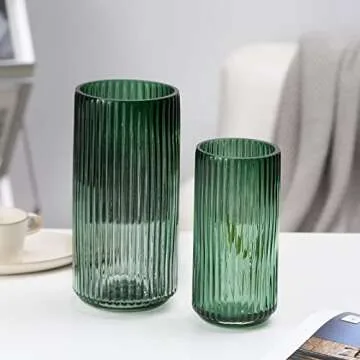 TIMEFOTO Flower Vase 9.7 inch Green Thickened Hand Blow Glass Vase Round Vintage Striped Bottles for Bookshelf,Dinner Table,Indoor Office Desktop,Meeting Room,Bathroom,Countertop,Home
