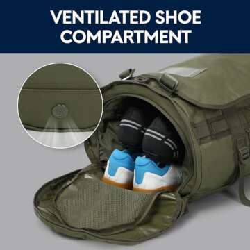 Haimont Large Duffle Bag Backpack for Men Women, 60L Convertible Travel Duffel Bags with Shoes Compartment, Carry on Durable Duffle for Sports Gym Hiking Camping, Water-resistant, Army Green