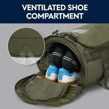 Haimont Large Duffle Bag Backpack for Men Women, 60L Convertible Travel Duffel Bags with Shoes Compartment, Carry on Durable Duffle for Sports Gym Hiking Camping, Water-resistant, Army Green