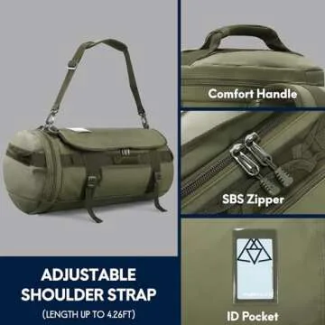 Haimont Large Duffle Bag Backpack for Men Women, 60L Convertible Travel Duffel Bags with Shoes Compartment, Carry on Durable Duffle for Sports Gym Hiking Camping, Water-resistant, Army Green