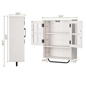 RUSTOWN Wood Wall Storage Cabinet with Cross Glass Doors, Farmhouse Wall Mounted, 3 Tier Rustic Cabinet with Adjustable Shelves and Towel Bar for Bathroom, Living Room, Vintage White