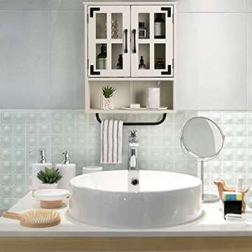 RUSTOWN Wood Wall Storage Cabinet with Cross Glass Doors, Farmhouse Wall Mounted, 3 Tier Rustic Cabinet with Adjustable Shelves and Towel Bar for Bathroom, Living Room, Vintage White