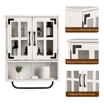 RUSTOWN Wood Wall Storage Cabinet with Cross Glass Doors, Farmhouse Wall Mounted, 3 Tier Rustic Cabinet with Adjustable Shelves and Towel Bar for Bathroom, Living Room, Vintage White