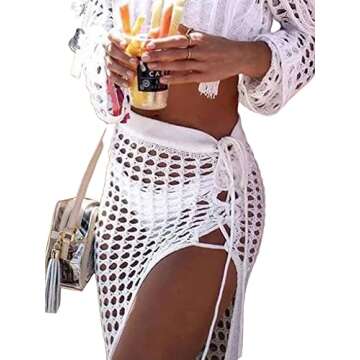 Women's Hollow Out Beach Skirt Bandage Tassel Split Swimsuit Maxi Wrap Skirt Cover Up Skirts Beachwear White