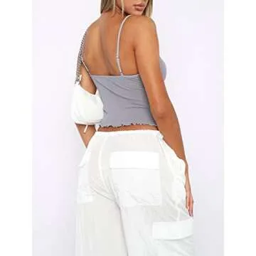 Women Y2k Backless Crop Top Spaghetti Strap Cami Tank Sexy Sheer See Through Sleeveless Lace Going Out Camisole Gray