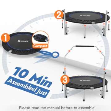 BCAN 40/48" Foldable Mini Trampoline Max Load 330lbs/440lbs, Fitness Rebounder with Adjustable Foam Handle, Exercise Trampoline for Adults Indoor/Garden Workout