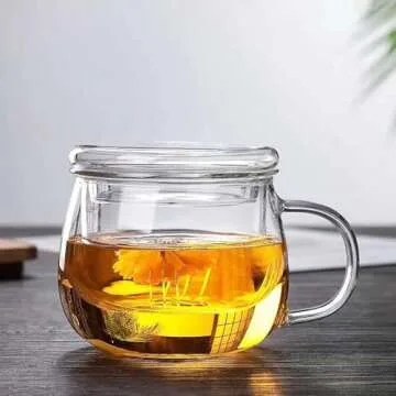 HOVOL Tea Mug with Infuser and Lid - 13.5oz Heat Resistant Borosilicate Glass, Clear Teacup with Strainer for Loose Leaf / Blooming Tea, and Tea Bags - Ideal for Tea Lovers