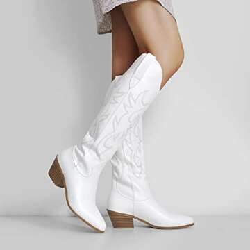 onlymaker Womens Cowgirl Stitched Knee High Boots Western Cowboy Nubuck Leather Point Toe Low Heel White Pattern Booties Size 8