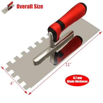 Tile Tools Stainless Steel Square Notched Trowel (11" x 4", Notch Size: 1/2") Masonry Hand Kit for W...