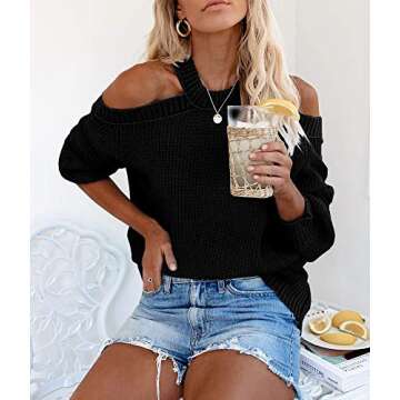 Tutorutor Womens Off Shoulder Crossed Halter Pullover Sweaters Oversized Long Batwing Sleeve Ribbed Knit Fall Jumper Top Black