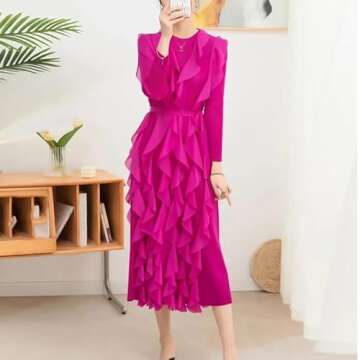 Pohullan Pleated Long Dress Women Ruffled Round Neck Waist Tie Large Size Pleated Dress Apricot 40kg-80kg