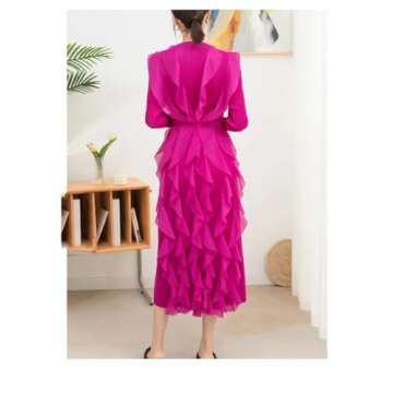 Pohullan Pleated Long Dress Women Ruffled Round Neck Waist Tie Large Size Pleated Dress Apricot 40kg-80kg