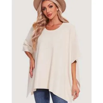PULI Womens Oversized Crewneck Poncho Sweater Chunky Warm Pullover Sweaters Casual Tops Trendy Outfit for Fall Winter Beige
