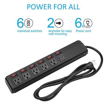 Power Strip Individual Switches with USB, 5 Outlet Power Strip Surge Protector Wall Mount 6FT Cord 15A 120V 1800W for Home Office