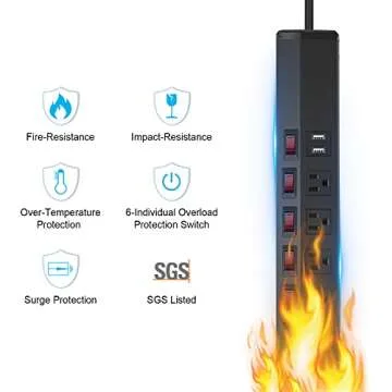 Power Strip Individual Switches with USB, 5 Outlet Power Strip Surge Protector Wall Mount 6FT Cord 15A 120V 1800W for Home Office