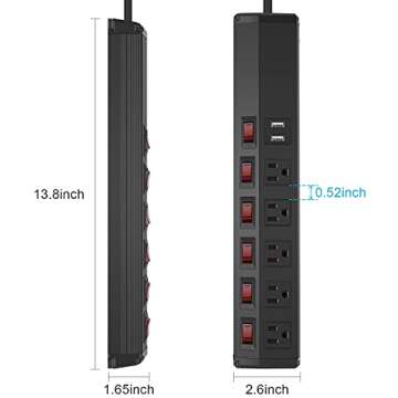 Power Strip Individual Switches with USB, 5 Outlet Power Strip Surge Protector Wall Mount 6FT Cord 15A 120V 1800W for Home Office