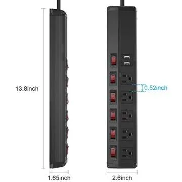 Power Strip Individual Switches with USB, 5 Outlet Power Strip Surge Protector Wall Mount 6FT Cord 15A 120V 1800W for Home Office