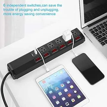 Power Strip Individual Switches with USB, 5 Outlet Power Strip Surge Protector Wall Mount 6FT Cord 15A 120V 1800W for Home Office