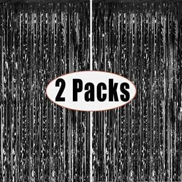 Fecedy 2pcs 3ft x 8.3ft Black Metallic Tinsel Foil Fringe Curtains Photo Booth Props for Birthday We...