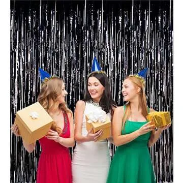 Fecedy 2pcs 3ft x 8.3ft Black Metallic Tinsel Foil Fringe Curtains Photo Booth Props for Birthday Wedding Engagement Bridal Shower Baby Shower Bachelorette Holiday Celebration Party Decorations