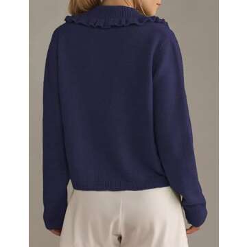 Ziqoty Womens Ruffle Cropped Sweater Open Front Outerwear Elegant Long Sleeve Knitted Cardigan Solid Button Jacket Fall Tops(Navy-S)