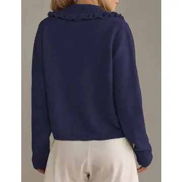Ziqoty Womens Ruffle Cropped Sweater Open Front Outerwear Elegant Long Sleeve Knitted Cardigan Solid Button Jacket Fall Tops(Navy-S)