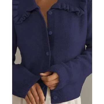 Ziqoty Womens Ruffle Cropped Sweater Open Front Outerwear Elegant Long Sleeve Knitted Cardigan Solid Button Jacket Fall Tops(Navy-S)