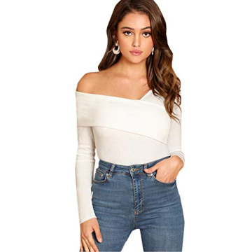 Chic ROMWE Women's Asymmetrical Neck Ribbed Knit Blouse