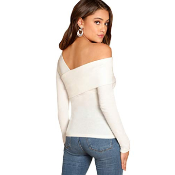Chic ROMWE Women's Asymmetrical Neck Ribbed Knit Blouse