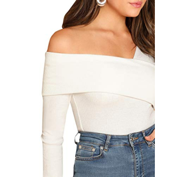 Chic ROMWE Women's Asymmetrical Neck Ribbed Knit Blouse