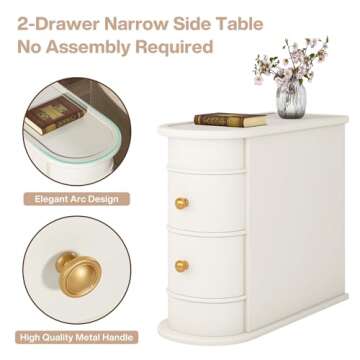 Tribesigns Solid Wood End Table, 2-Drawer Narrow Side Table Slim Chair Side Table, No Assembly Required, Finished Back, Off-White