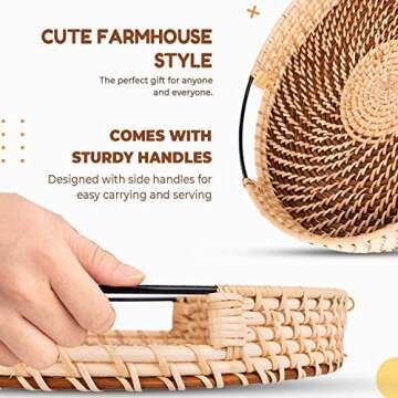 Stylish 12" Rattan Serving Tray with Stainless Steel Handles
