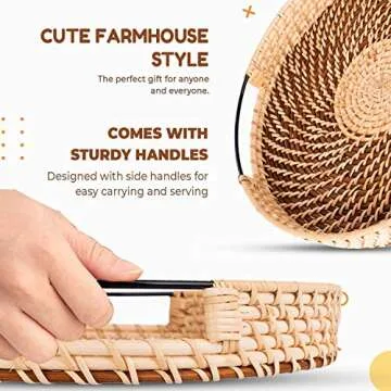 Stylish 12" Rattan Serving Tray with Stainless Steel Handles