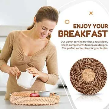 Stylish 12" Rattan Serving Tray with Stainless Steel Handles