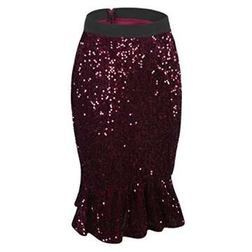 PrettyGuide Women's Sequin Skirt High Waist Velvet Shimmer Mermaid Ruffle Party Pencil Skirt