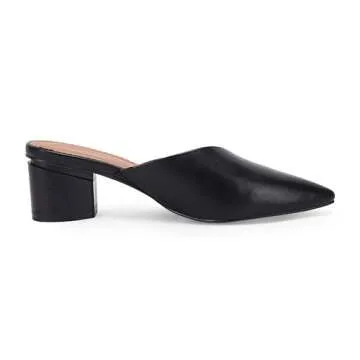 Coutgo Womens Pointed Toe V Cut Mules Chunky Block Heels Slip On Clogs Fashion Office Slides Shoes,Black,Size 9.5