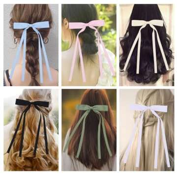 Purggy 6 Pcs Hair Bows for Women Clips -Hair Ribbon Bowknot Tassel Claw Barrettes with Long Tail for Women and Girls Hair Accessories