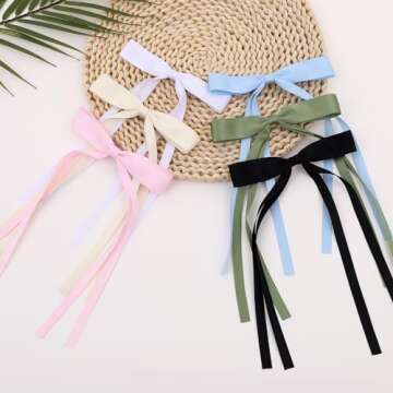 Purggy 6 Pcs Hair Bows for Women Clips -Hair Ribbon Bowknot Tassel Claw Barrettes with Long Tail for Women and Girls Hair Accessories