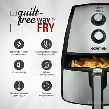 Gourmia GAF560 5 Quart Air Fryer - Oil Free Healthy Cooking - Adjustable Time and Temperature Dials - Removable Crisper Tray - Free Recipe Book Included