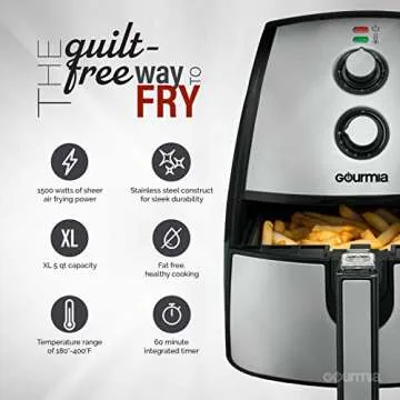 Gourmia GAF560 5 Quart Air Fryer - Oil Free Healthy Cooking - Adjustable Time and Temperature Dials - Removable Crisper Tray - Free Recipe Book Included